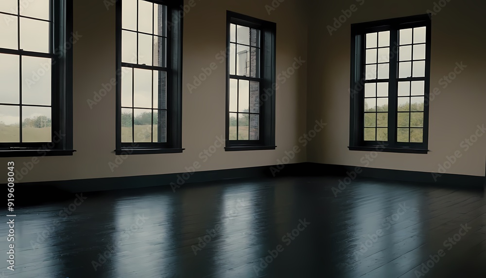 Empty black room windows. Industrial loft empty room with rusty steel staircase 69 Empty black room windows. Industrial loft empty room with rusty steel staircase 69