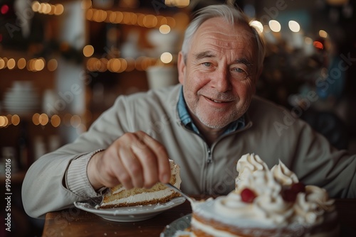 Smiling elderly man enjoying a piece of cake.