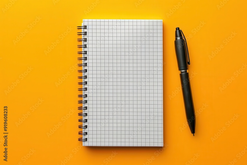 A blank grid notebook placed next to a black pen on a vibrant orange background, perfect for creative writing or note-taking. A blank grid notebook placed next to a black pen on a vibrant orange background, perfect for creative writing or note-taking.