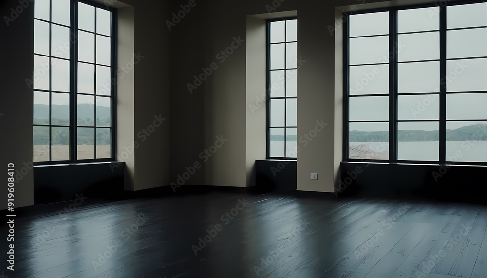 Empty black room windows. Industrial loft empty room with rusty steel staircase 55 Empty black room windows. Industrial loft empty room with rusty steel staircase 55