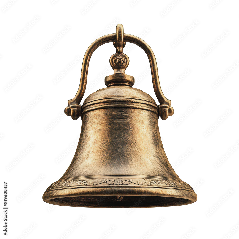 PNG Antique bell with ornate detailing hanging against a neutral backdrop PNG Antique bell with ornate detailing hanging against a neutral backdrop