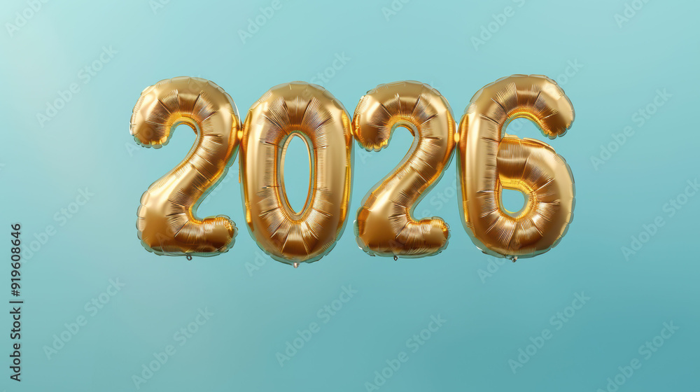 Golden Foil Balloons Forming the Year 2026 Against a Light Blue Background Golden Foil Balloons Forming the Year 2026 Against a Light Blue Background