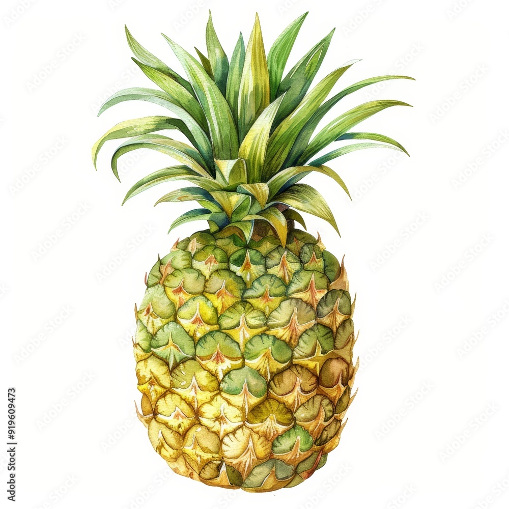 Fototapeta premium Vibrant Watercolor Pineapple Clipart with Lush Green Crown on White Background for Tropical Fruit Promotions
