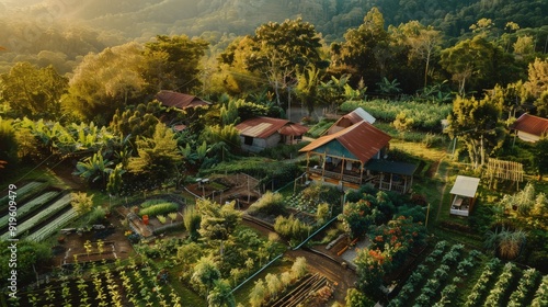 Explore the concept of sustainable farming practices around an isolated house.