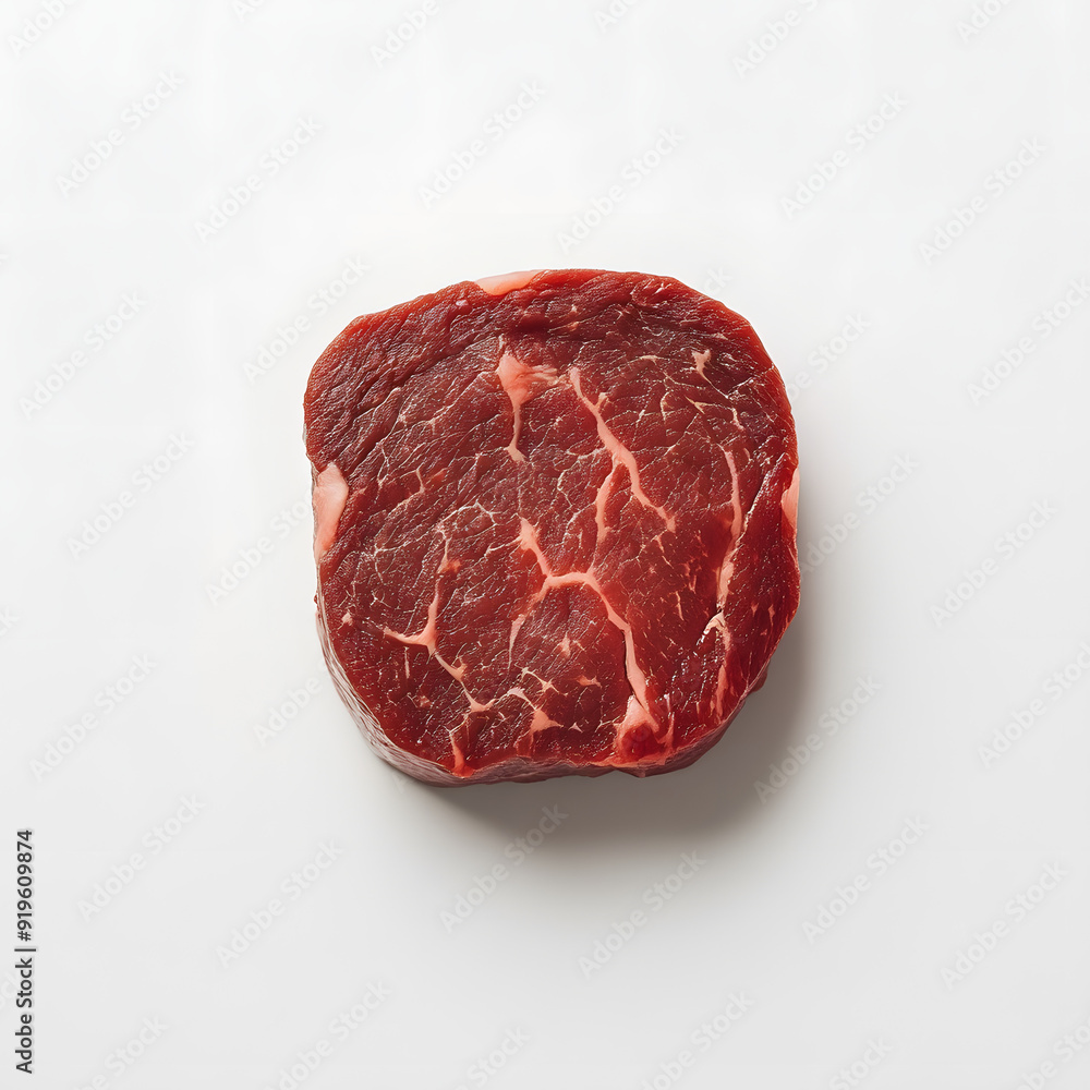 Close-up of a raw marbled steak showing its rich texture and intricate marbling, placed on a white background. Close-up of a raw marbled steak showing its rich texture and intricate marbling, placed on a white background.