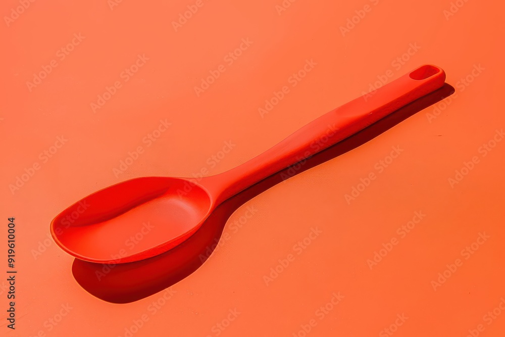 A vibrant red plastic spoon on a solid orange background, perfect for kitchen and cooking themes. A vibrant red plastic spoon on a solid orange background, perfect for kitchen and cooking themes.