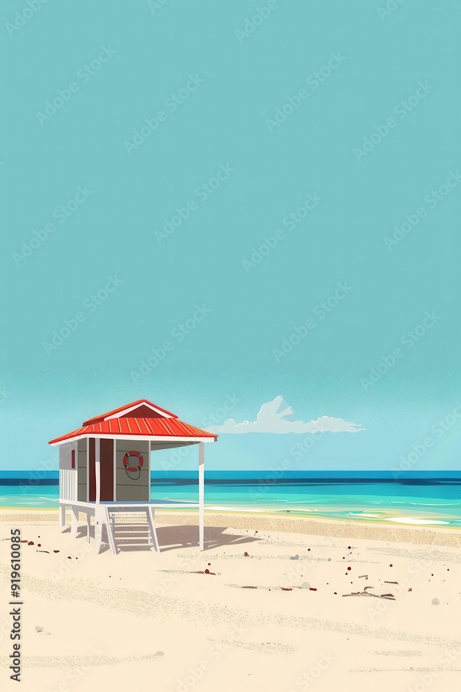 Fototapeta premium Serene Beach Cabana Under Clear Blue Sky - Minimalist Art Perfect for Vacation Cover or Poster