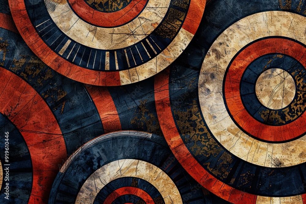 Abstract Circular Pattern in Red, Blue, and Beige with Distressed Texture Abstract Circular Pattern in Red, Blue, and Beige with Distressed Texture