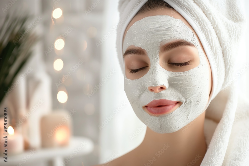 Woman with clay facial mask and towel turban enjoying spa treatment in serene setting. Concepts of skincare routine, relaxation, and self-care practices. Woman with clay facial mask and towel turban enjoying spa treatment in serene setting. Concepts of skincare routine, relaxation, and self-care practices.