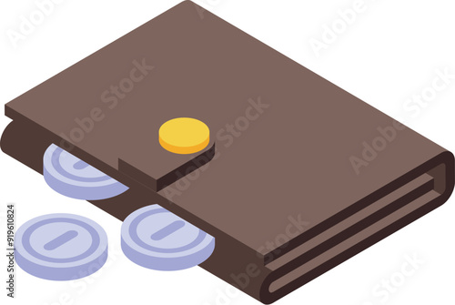 Leather wallet is losing money coins in an isometric view