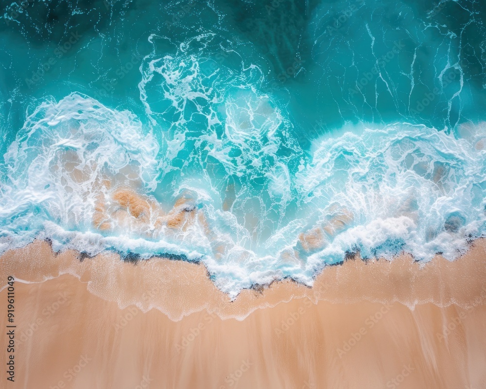 Beautiful sandy beach and soft blue ocean wave from top view Beautiful sandy beach and soft blue ocean wave from top view
