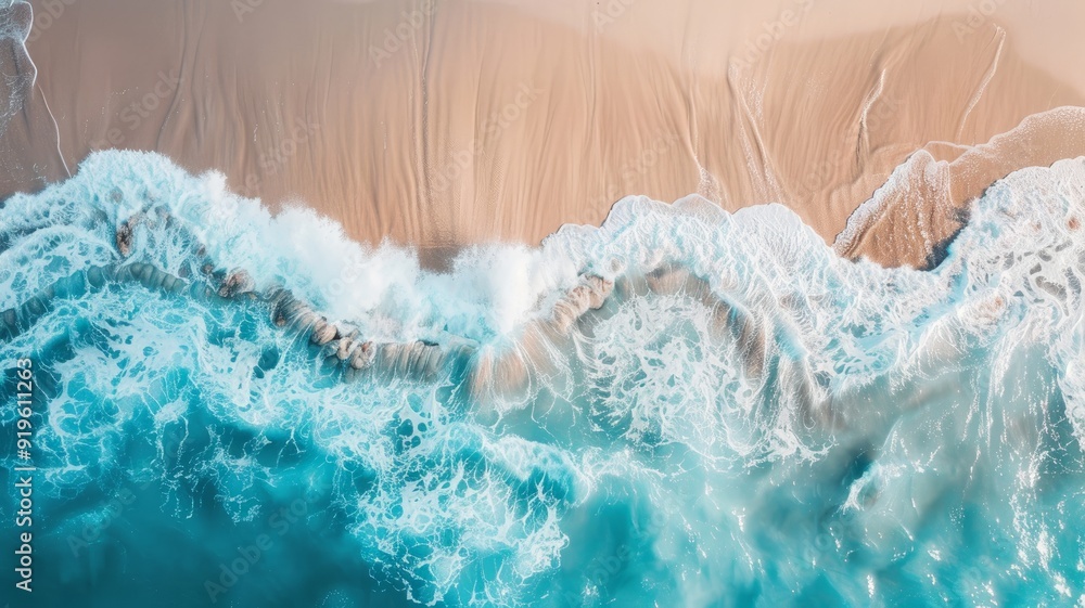 Beautiful sandy beach and soft blue ocean wave from top view Beautiful sandy beach and soft blue ocean wave from top view