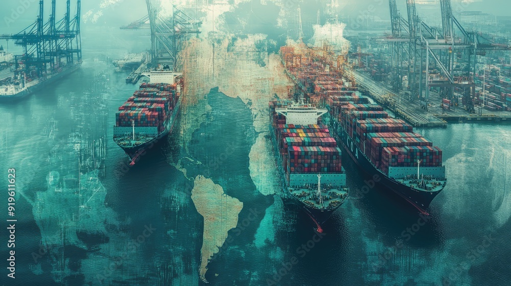 Illustrative scene showing cargo ships at a port with a transparent ...