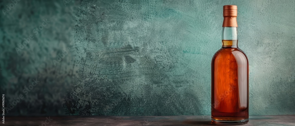 Naklejka premium A bottle of wine atop a table, next to another bottle, before a green wall