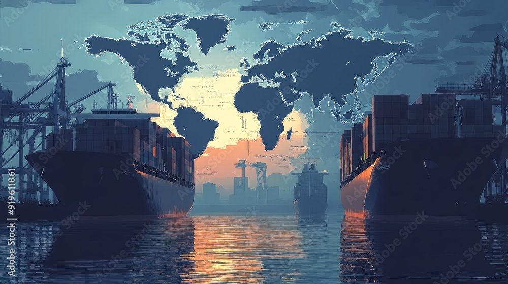 Illustrative scene showing cargo ships at a port with a transparent ...