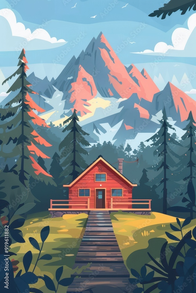 Serene Retreat: Flat Design of Cozy Mountain Lodge Vacation with Clean Lines and Soft Colors for Advertising Campaigns Serene Retreat: Flat Design of Cozy Mountain Lodge Vacation with Clean Lines and Soft Colors for Advertising Campaigns