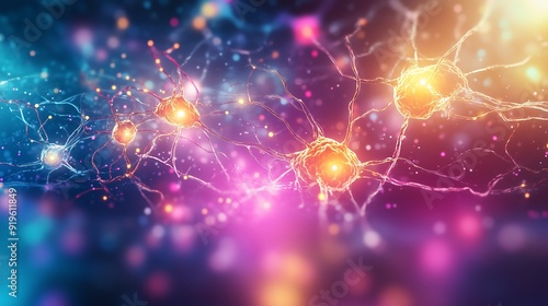 Colorful depiction of interconnected neurons showcasing electrical impulses in a dynamic neural network