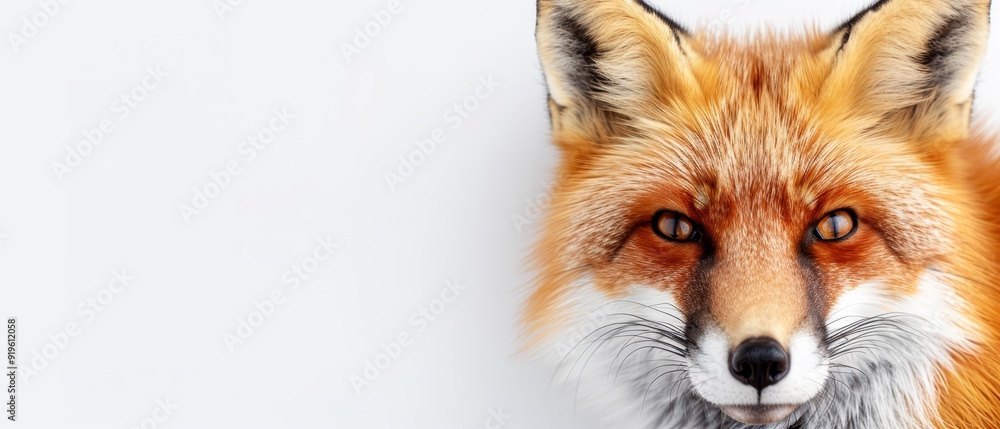 Fototapeta premium A red fox's face, tightly framed, against a pristine white backdrop, gaze directed at the camera