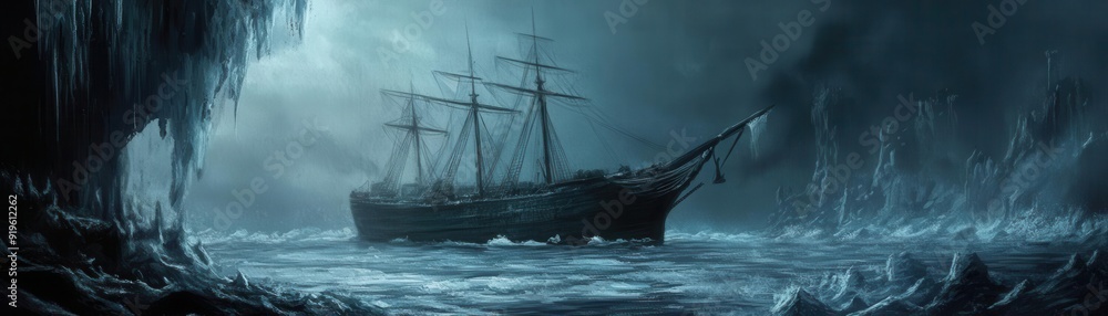 Stranded ship in icy waters, digital painting, dark and cold, high tension