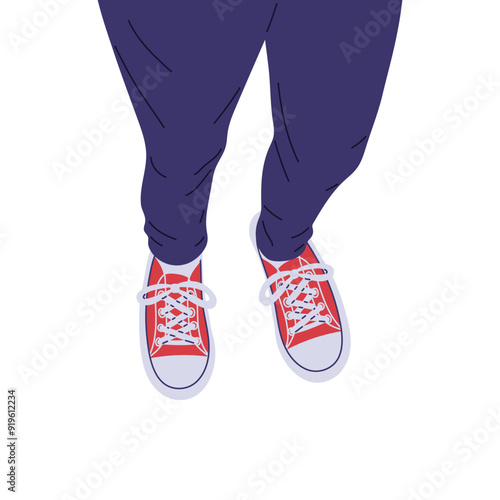 Feet of person in blue jeans and red sneakers, vector cartoon selfie of teenager in modern footwear legs view from above