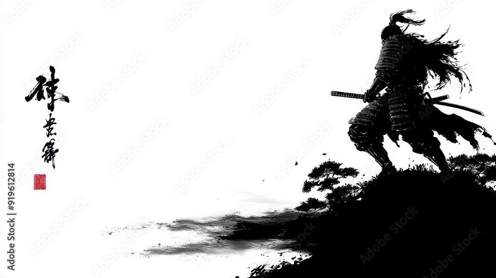 Samurai in Armor, an intricate Japanese ink drawing of a stoic warrior adorned in traditional armor, showcasing the artistry of cultural heritage against a crisp white backdrop Samurai in Armor, an intricate Japanese ink drawing of a stoic warrior adorned in traditional armor, showcasing the artistry of cultural heritage against a crisp white backdrop