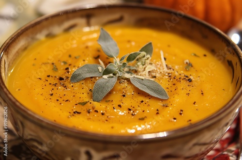 Steaming bowl of homemade soup garnished with sage leaves