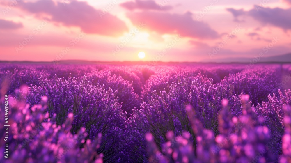 Naklejka premium Beautiful view blooming scenic at sunset. Sunset violet lavender flower field