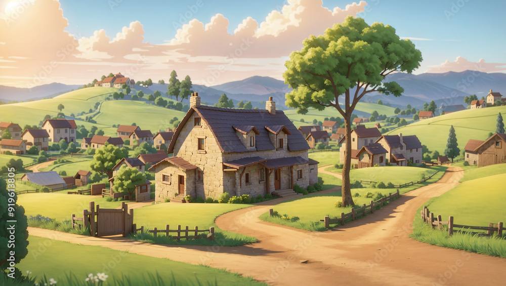 It's a sunny day in a small village. There are two houses, a dirt road, green grass and trees, and mountains in the background. It's a sunny day in a small village. There are two houses, a dirt road, green grass and trees, and mountains in the background.