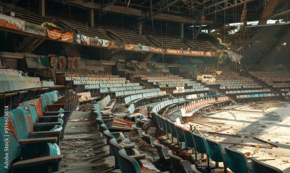 Neglected sports arena with torn banners and empty seats, echoes of roaring crowds Neglected sports arena with torn banners and empty seats, echoes of roaring crowds