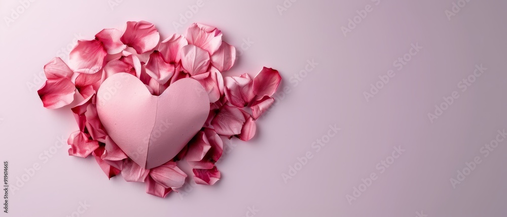 A pink heart-shaped paper, set against a light pink backdrop, surrounded by pink petals, with ample room for text A pink heart-shaped paper, set against a light pink backdrop, surrounded by pink petals, with ample room for text