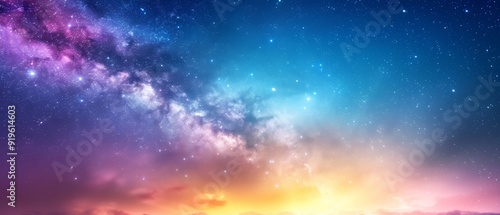  A night sky teeming with stars, accompanied by a vibrant purple and blue twilight, brimming with starlight