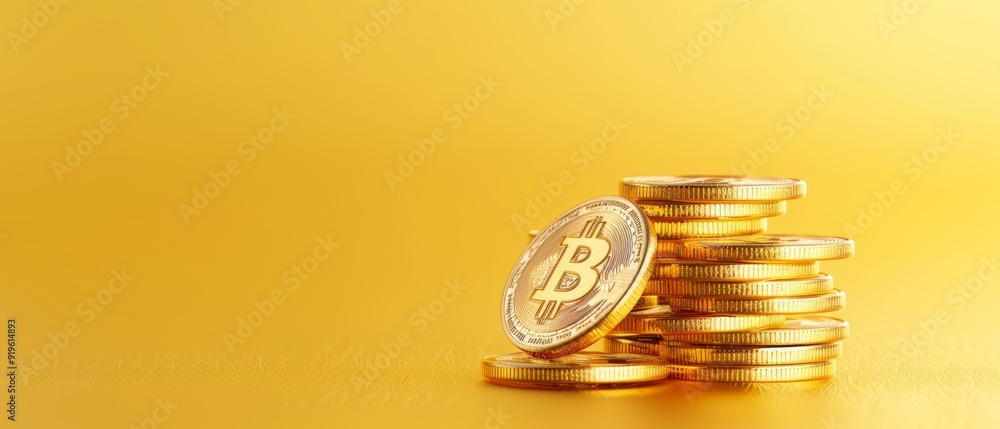 A stack of golden Bitcoin symbols atop one another against a yellow backdrop; the peak bears a solitary Bitcoin symbol A stack of golden Bitcoin symbols atop one another against a yellow backdrop; the peak bears a solitary Bitcoin symbol