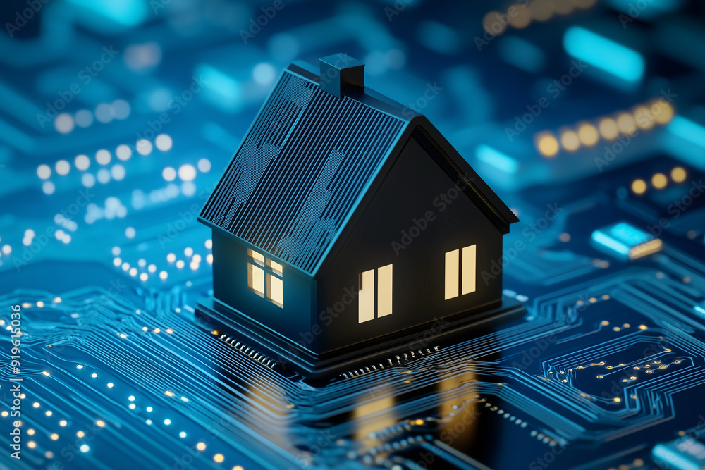 A small house made of black plastic stands on an electronic circuit board , creating the concept of smart homes and home security systems. A small house made of black plastic stands on an electronic circuit board , creating the concept of smart homes and home security systems.