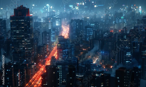 Nighttime city skyline with illuminated buildings and traffic trails, urban nocturne