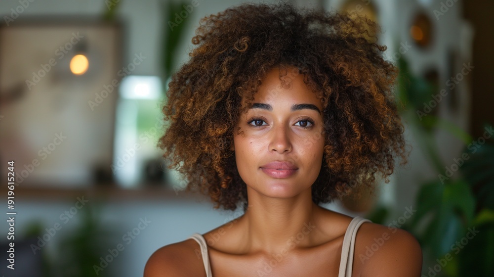 Woman with curly hair, haircare products, selfie, portrait Woman with curly hair, haircare products, selfie, portrait