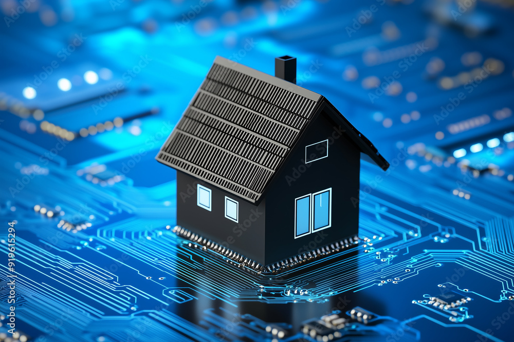 A small house made of black plastic stands on an electronic circuit board , creating the concept of smart homes and home security systems. A small house made of black plastic stands on an electronic circuit board , creating the concept of smart homes and home security systems.