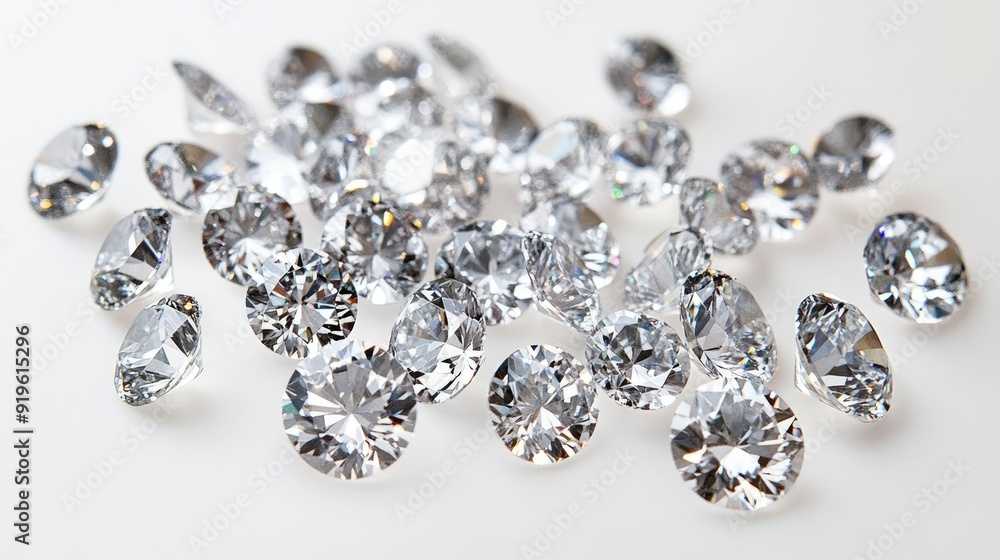 An array of loose diamonds scattered on a white background, showcasing their different cuts and the enchanting sparkle that makes them precious. An array of loose diamonds scattered on a white background, showcasing their different cuts and the enchanting sparkle that makes them precious.