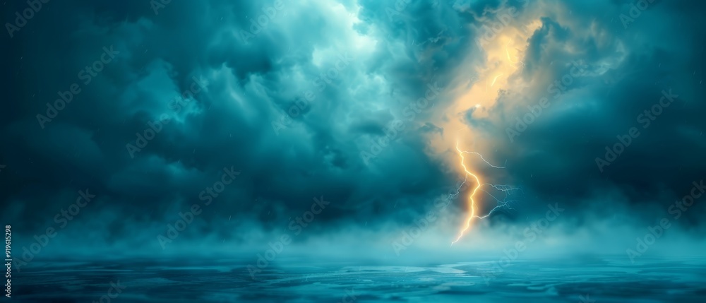 Obraz premium Lightning bolts in cloudy sky, above water with a boat in foreground