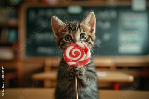 Adorable Kitten Holding a Red and White Lollipop in a Classroom Setting photo