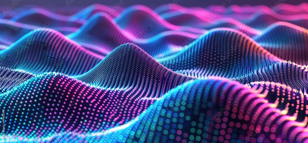Abstract colorful 3D rendering of a field of glowing neon dots forming wavy lines and patterns. Modern digital art. Abstract colorful 3D rendering of a field of glowing neon dots forming wavy lines and patterns. Modern digital art.