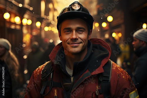 A middle-aged firefighter in uniform outside a fire station photo