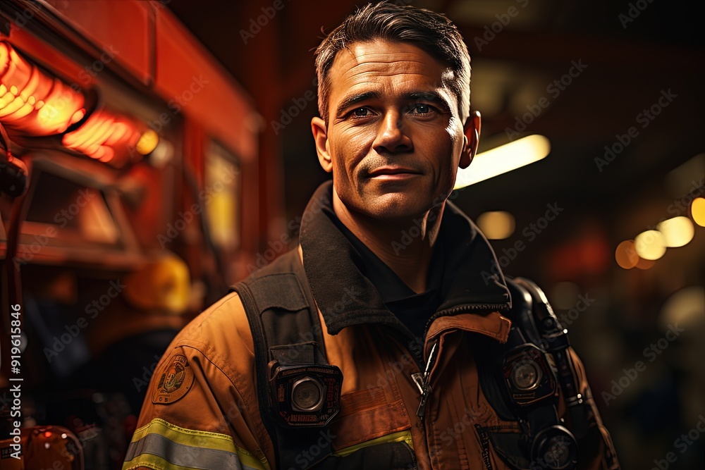 A middle-aged firefighter in uniform outside a fire station A middle-aged firefighter in uniform outside a fire station