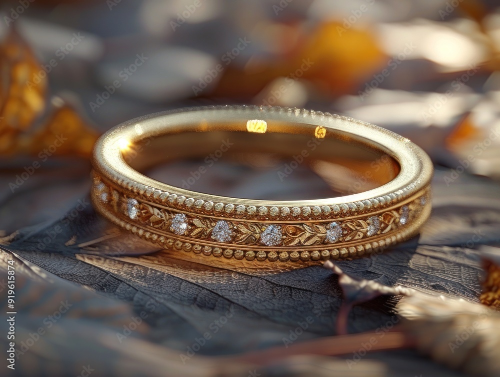 A gold wedding band with a delicate design and sparkling diamonds A gold wedding band with a delicate design and sparkling diamonds