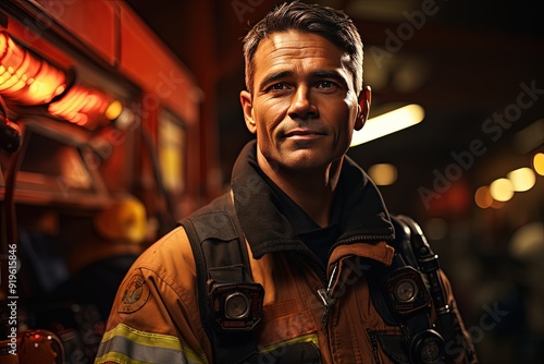 A middle-aged firefighter in uniform outside a fire station photo