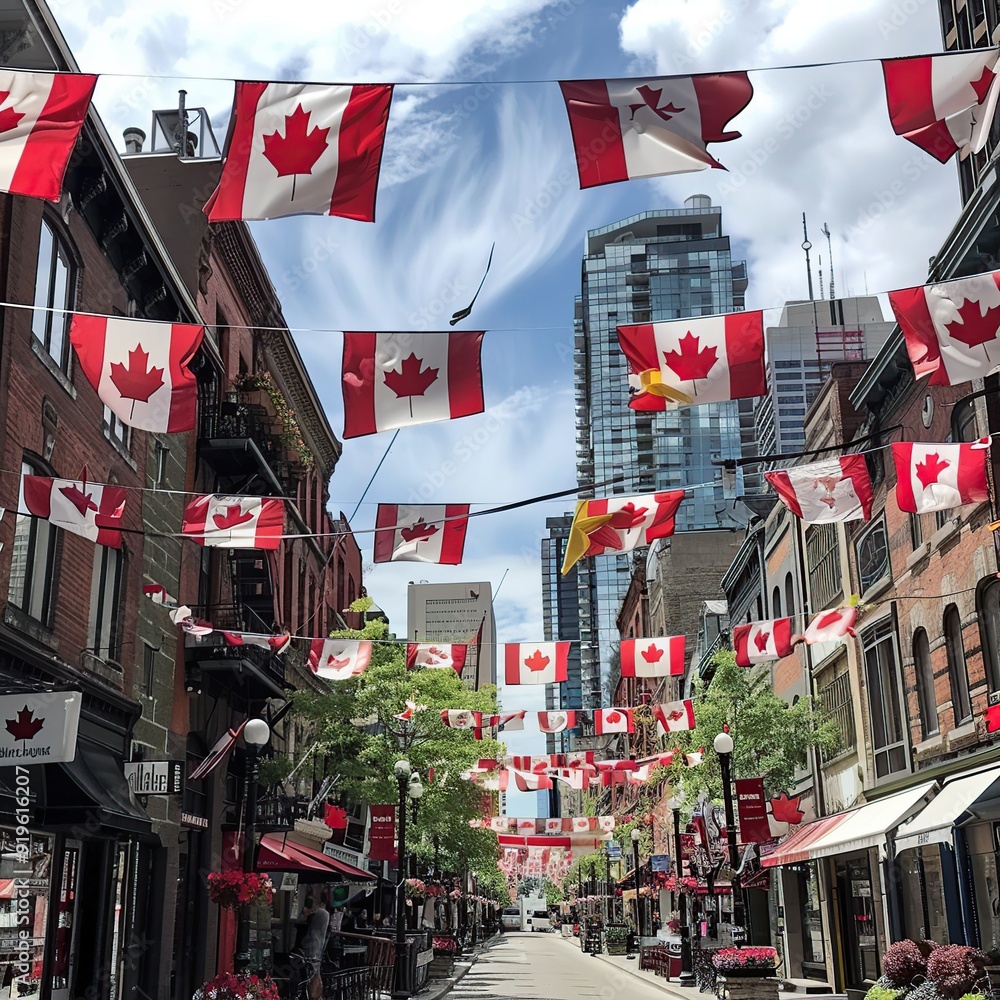 Obraz premium Canadian Flags Flying Proudly on Buildings and Streets Decorated