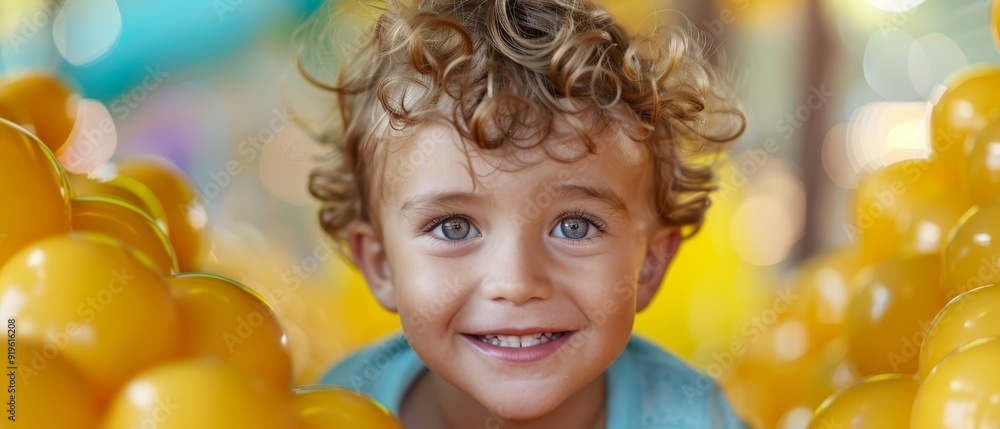 A child, face filled with joy, holds a large bunch of yellow balloons Background softly blurred A child, face filled with joy, holds a large bunch of yellow balloons Background softly blurred