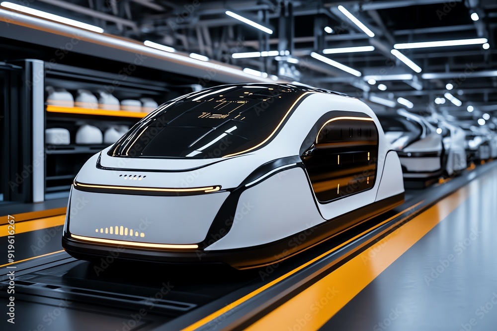 Obraz premium Futuristic autonomous vehicle in a high-tech facility, showcasing advanced technology and modern industrial design.