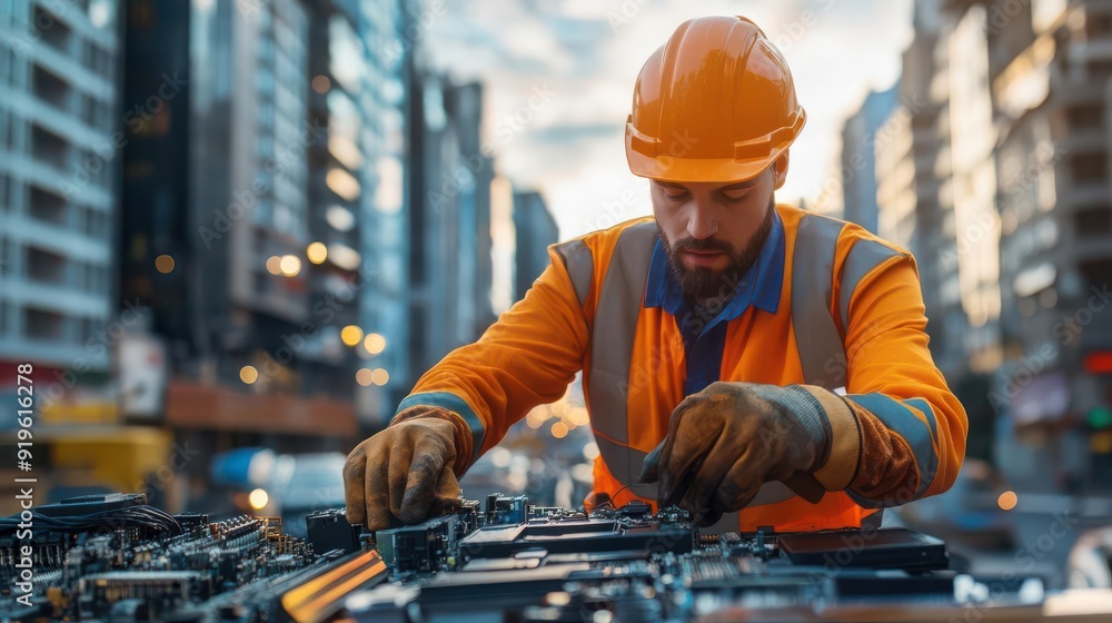 A construction worker repairs machinery on an urban street, showcasing dedication and skill in an industrial setting. A construction worker repairs machinery on an urban street, showcasing dedication and skill in an industrial setting.
