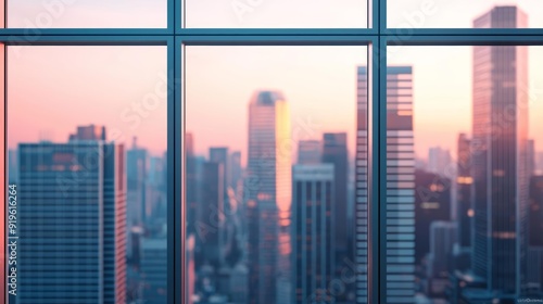 A futuristic cityscape at dawn, with towering skyscrapers made of glass and steel reflecting the first light