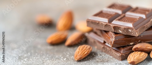  A heap of chocolate and almonds atop a gray surface, featuring a few almonds on top